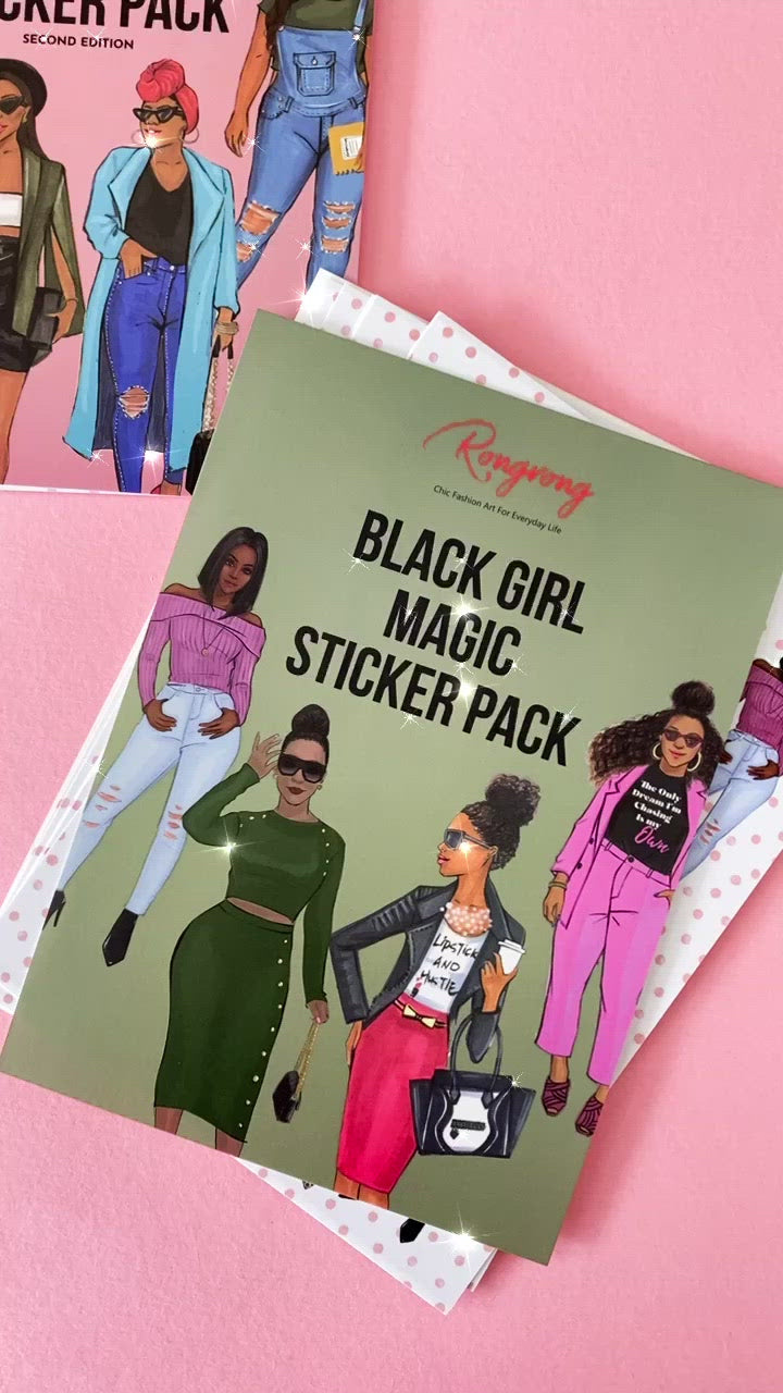 Short video preview of the sticker pack, flipping through pages filled with colorful and uplifting stickers celebrating Black girl magic