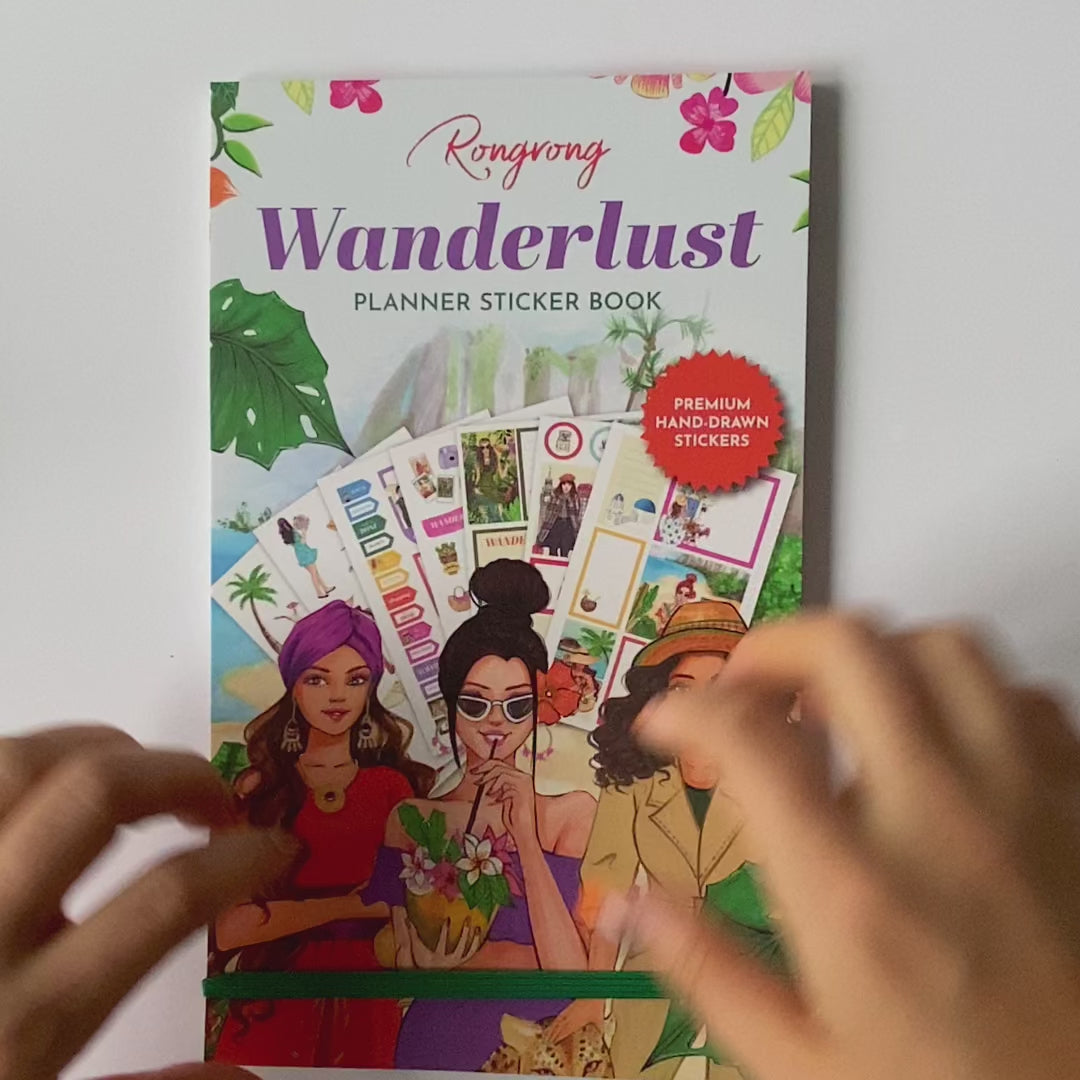 Video flip-through of the sticker book, highlighting various pages filled with lively travel-themed stickers and designs.