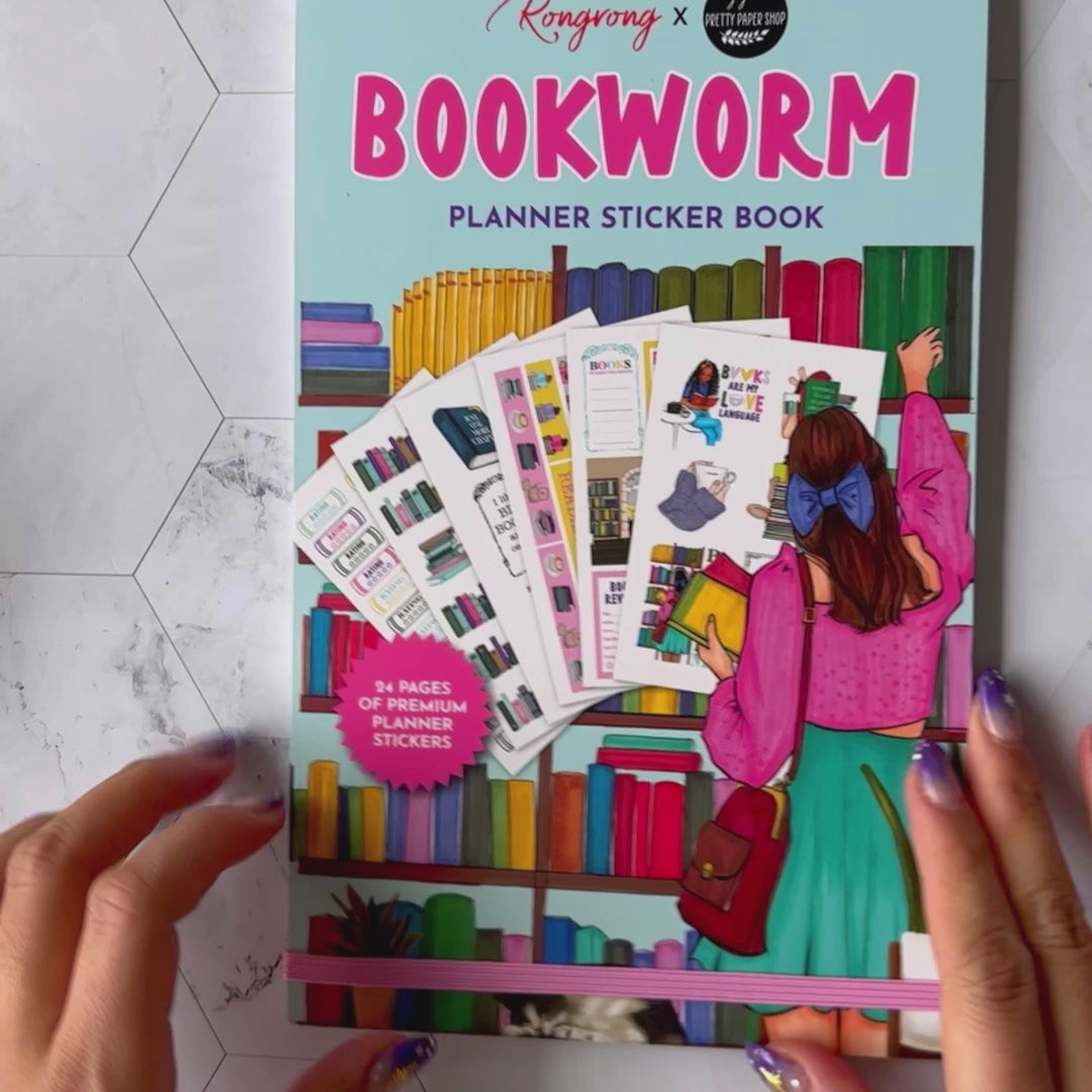 Short video highlighting the sticker book, flipping through pages filled with colorful book-themed stickers and designs.