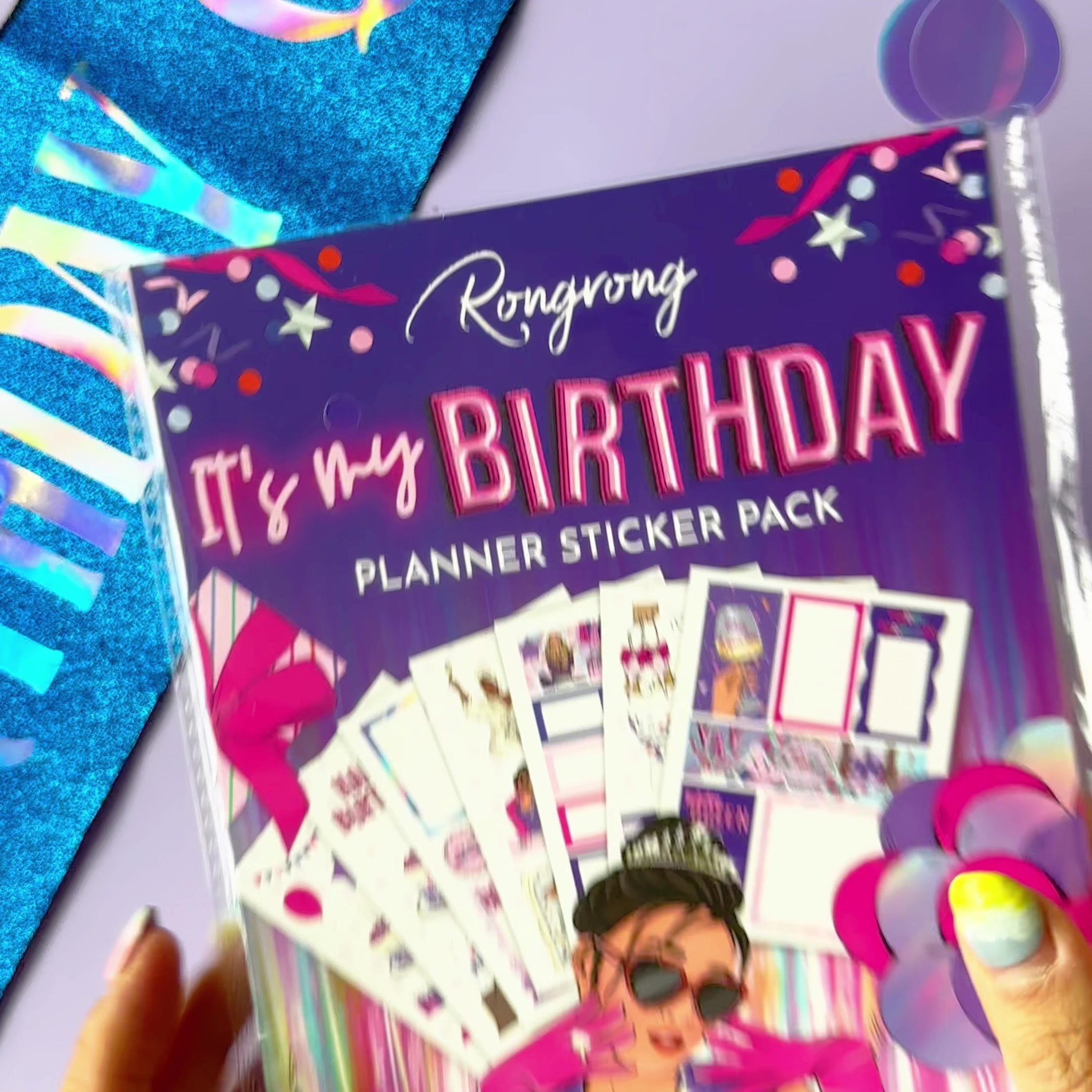 Short video preview of the sticker pack, flipping through pages filled with colorful and fun birthday-themed stickers.