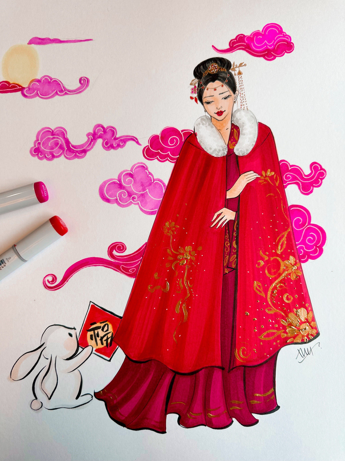 Illustration of woman in red with rabbit and clouds.