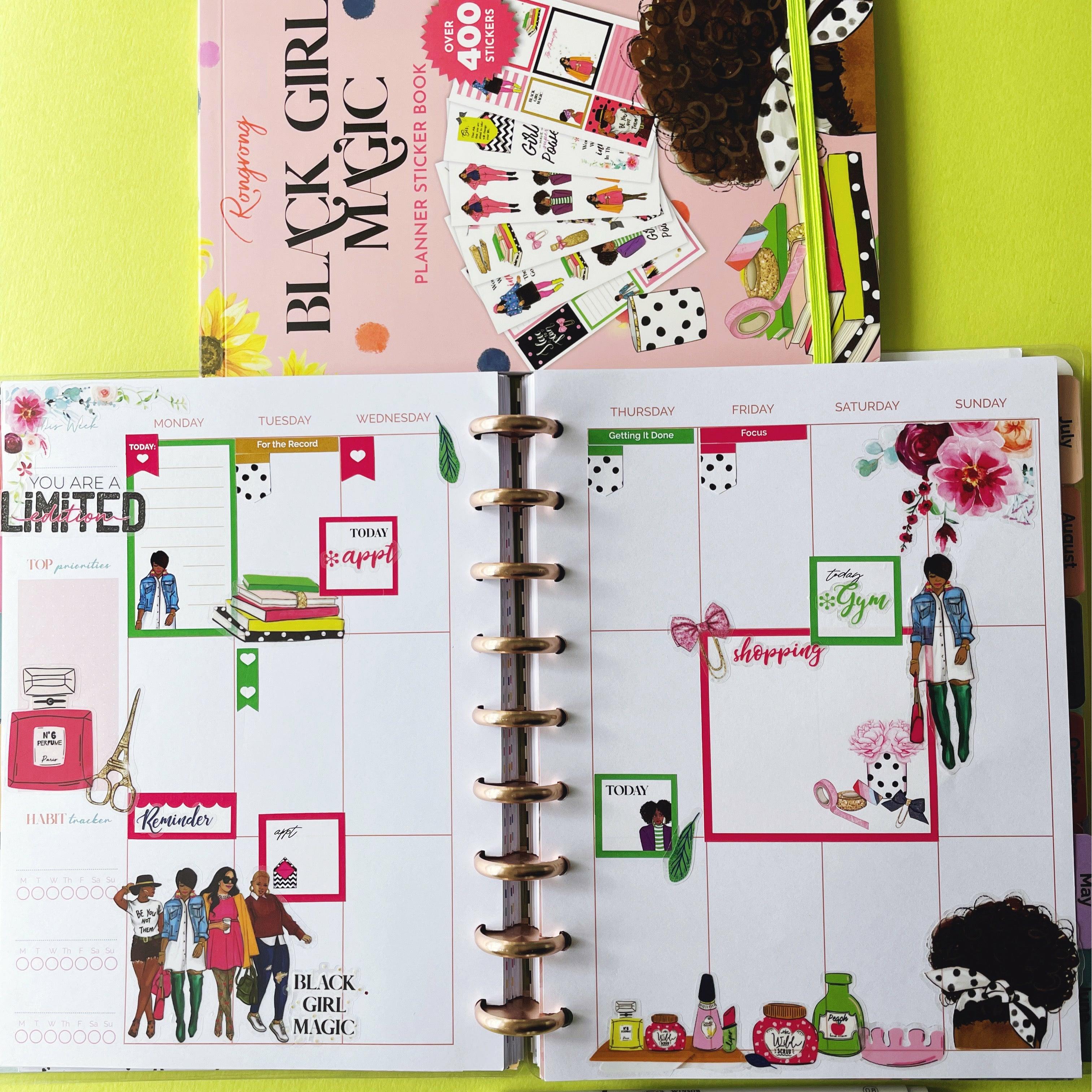 Charming stickers illustrating everyday moments and empowering symbols, perfect for adding flair to planners and journals.