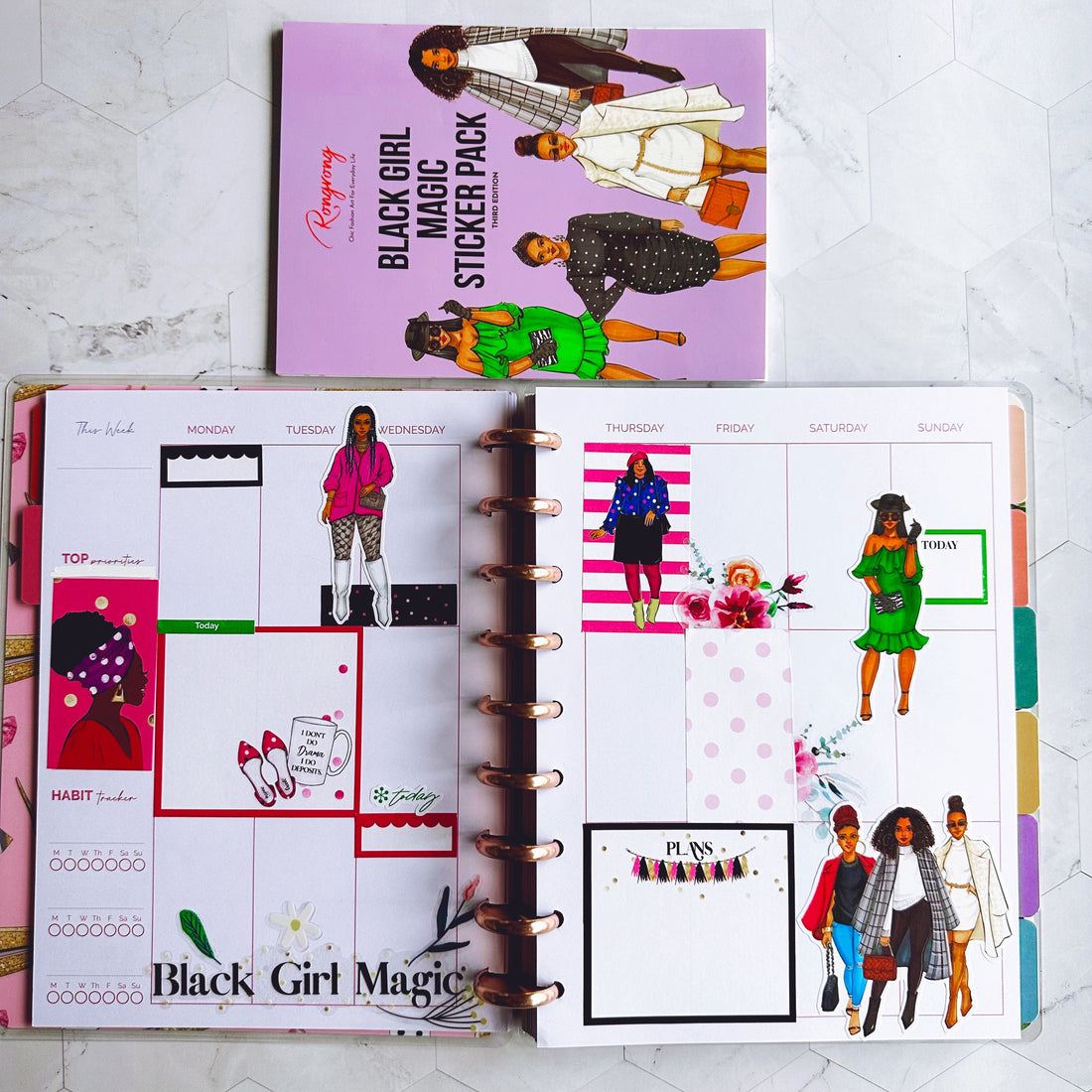 Stickers showcasing various hairstyles and fashionable outfits on Black girls, illustrated in bright, lively colors.