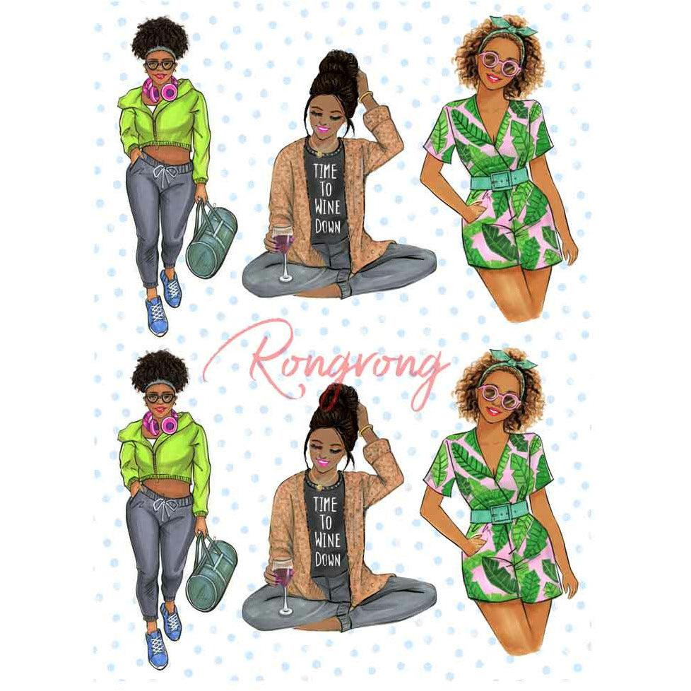 Stickers featuring a vibrant array of Black women, each adorned in fashionable outfits and distinctive hairstyles, celebrating the beauty of individuality and personal expression.