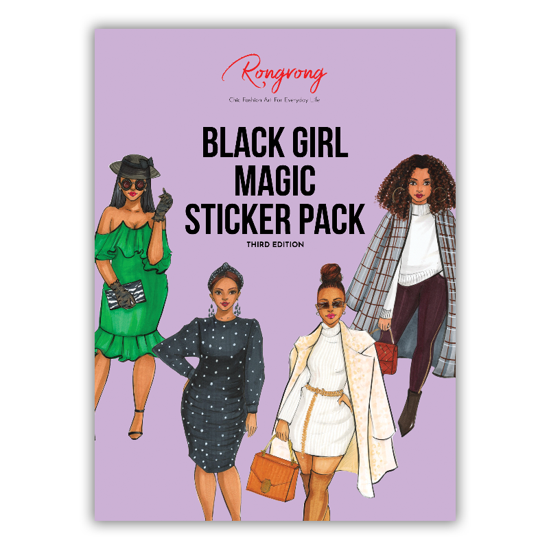 Sticker pack cover featuring vibrant illustrations of diverse Black women celebrating empowerment and beauty in colorful styles.