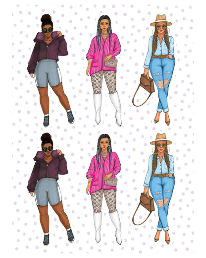 Stickers featuring diverse hairstyles and stylish outfits on Black girls, illustrated in vibrant and dynamic colors.