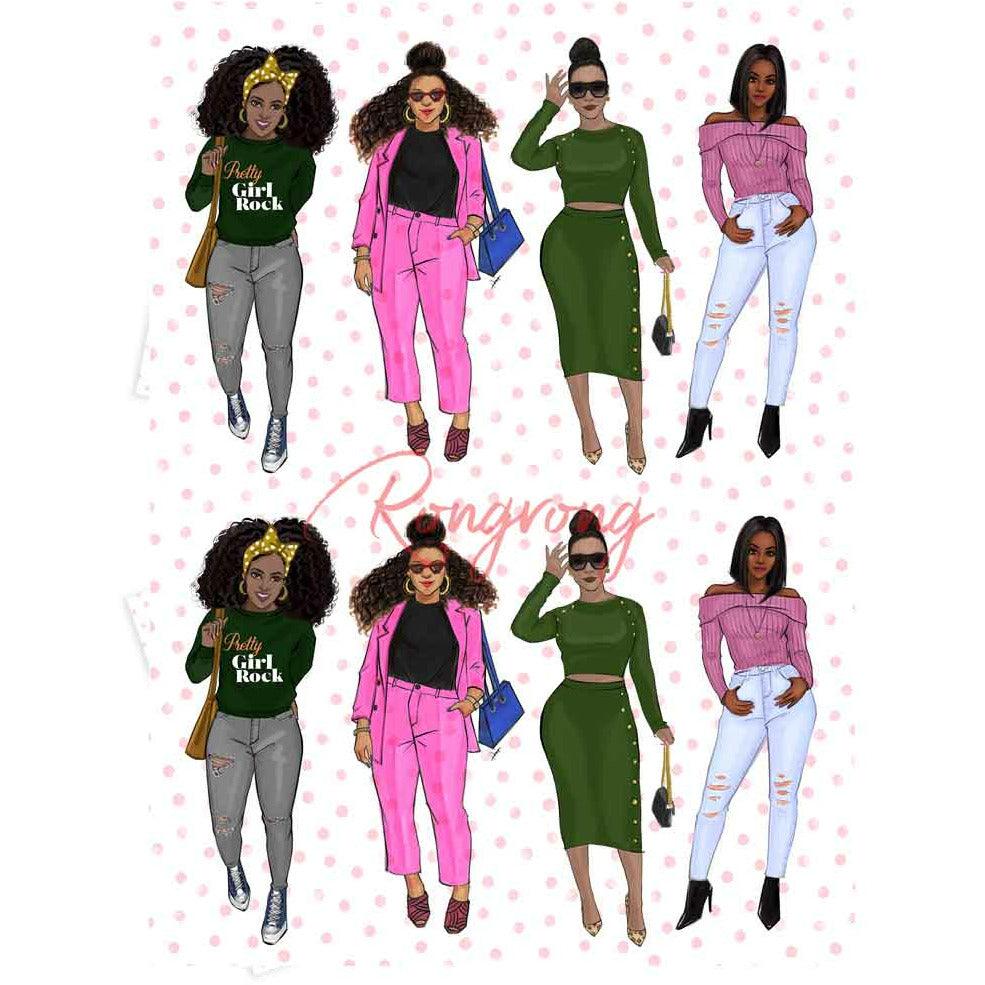 Stickers featuring authentic representations of Black women, showcasing a variety of hairstyles, stylish outfits, and uplifting phrases that celebrate their beauty and strength.