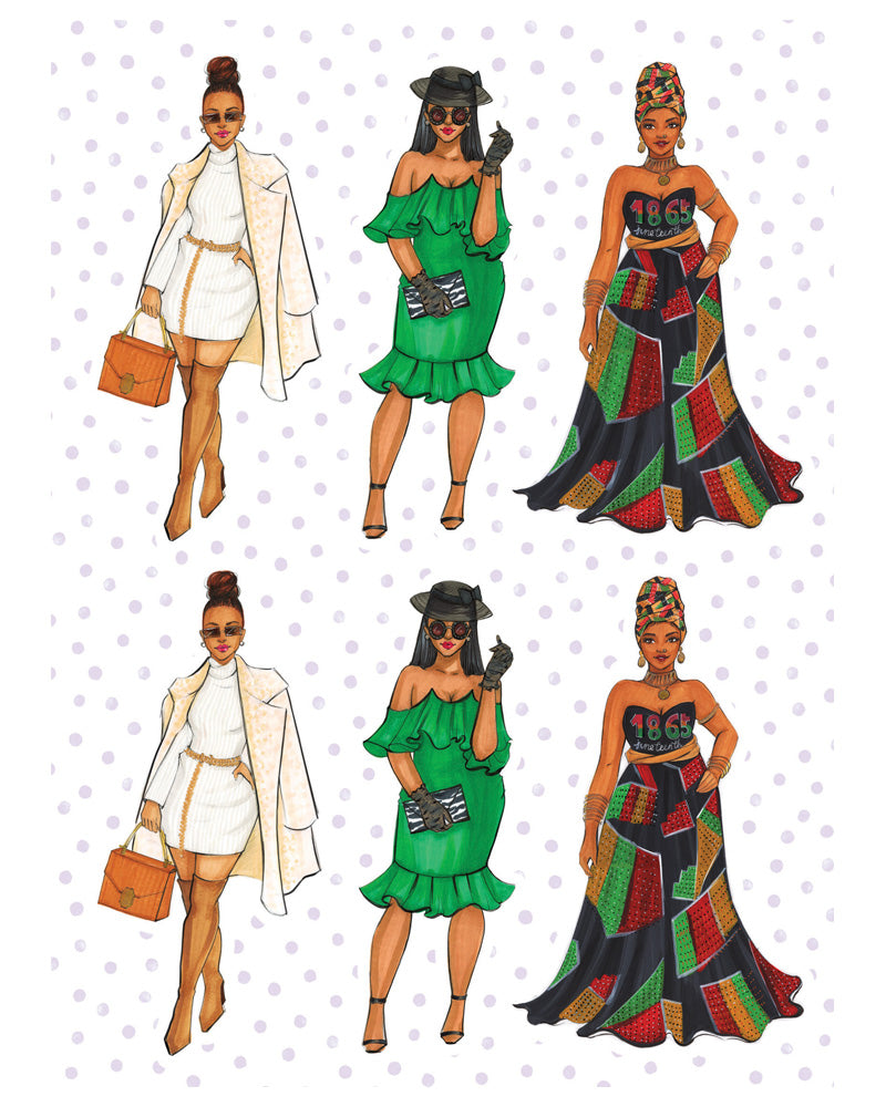 These stickers display a variety of hairstyles and trendy outfits worn by Black girls, rendered in bright, cheerful colors.