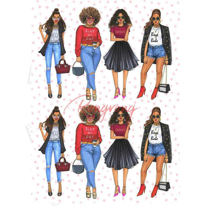 Close-up of girls stickers featuring affirmations and empowering woman, highlighted in stunning outfits and beautiful shoes.