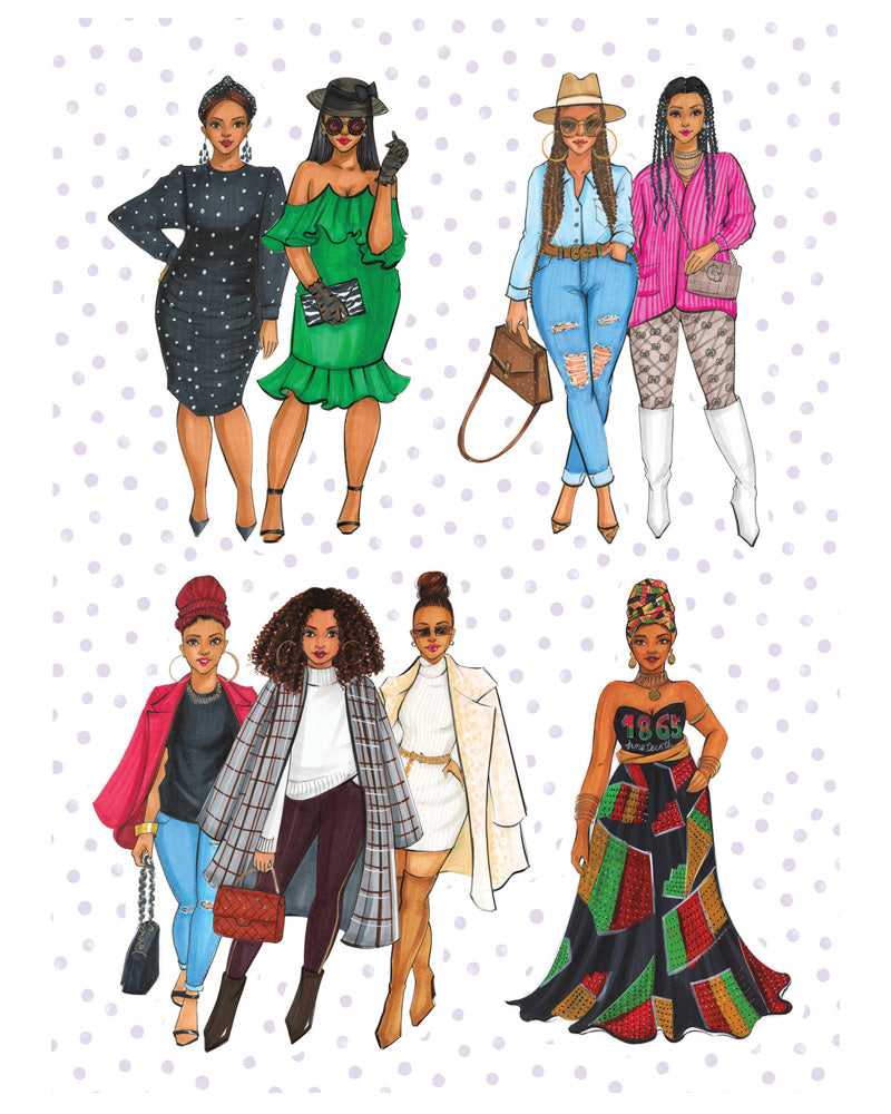 Stickers depicting a range of hairstyles and chic outfits on Black girls, brought to life with bright and lively colors.