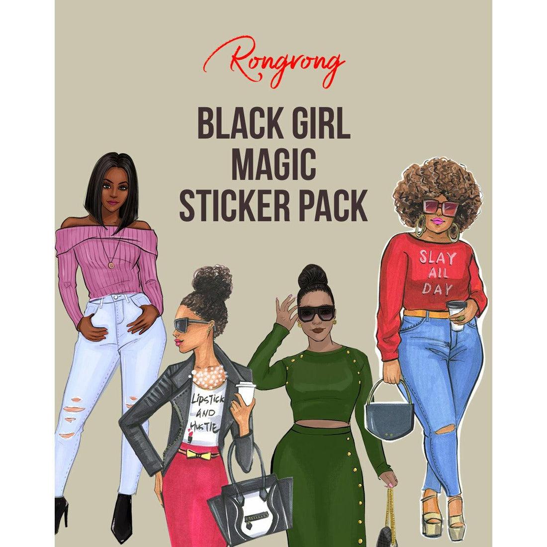 Sticker set cover featuring vibrant illustrations celebrating Black girl empowerment with stylish characters and bold colors.