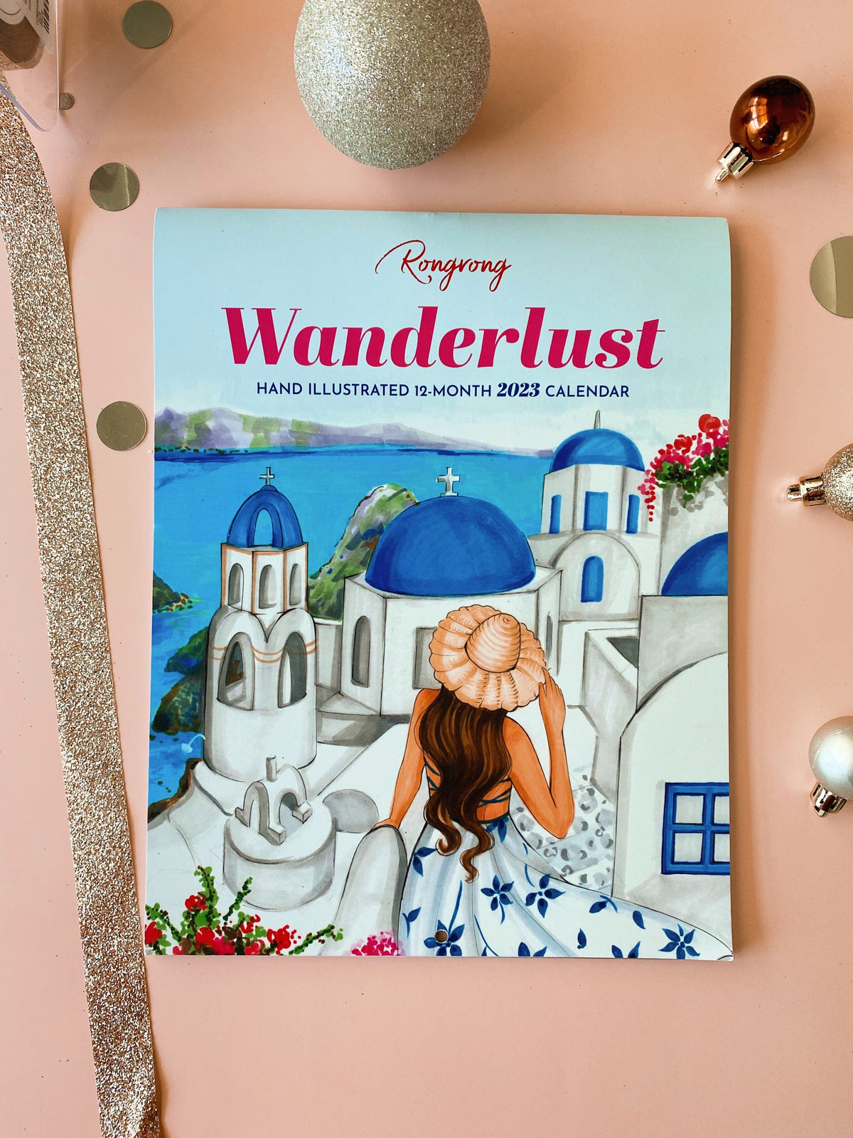 2023 Wanderlust calendar with Santorini illustration