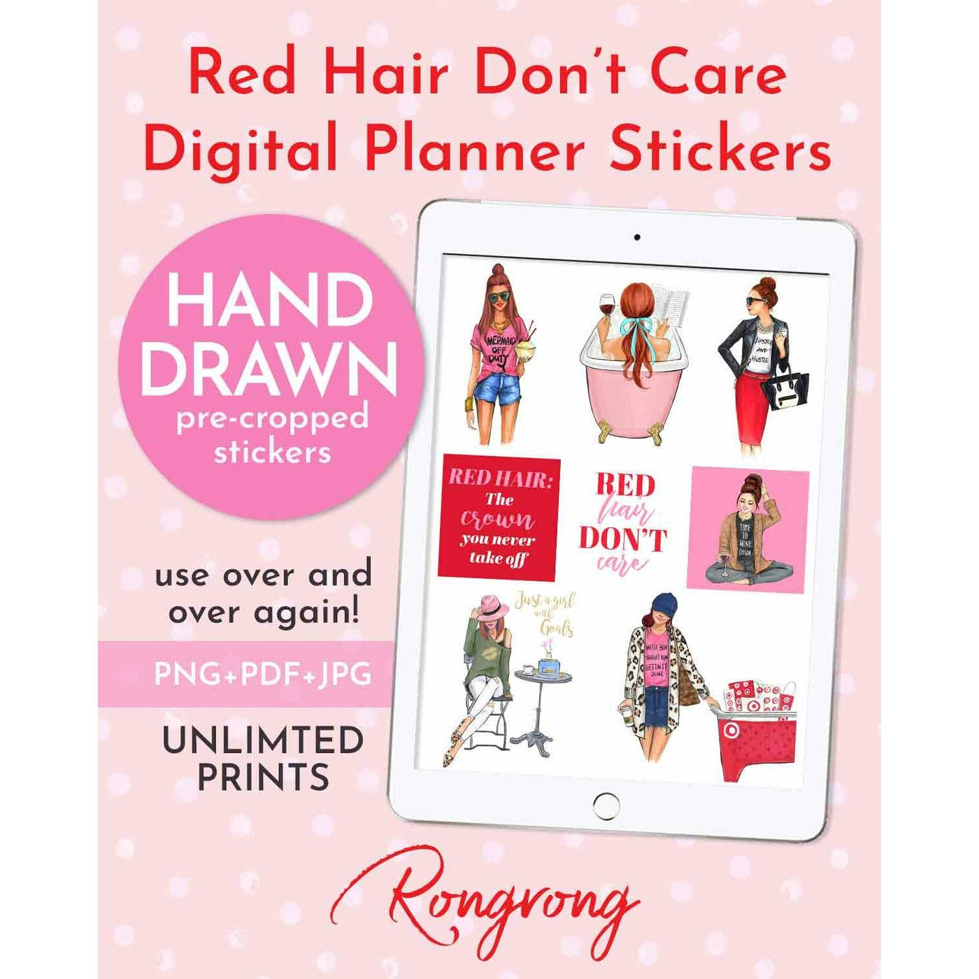 Red Hair Don't Care Digital  Planner Stickers [DOWNLOAD] - Shop Rongrong