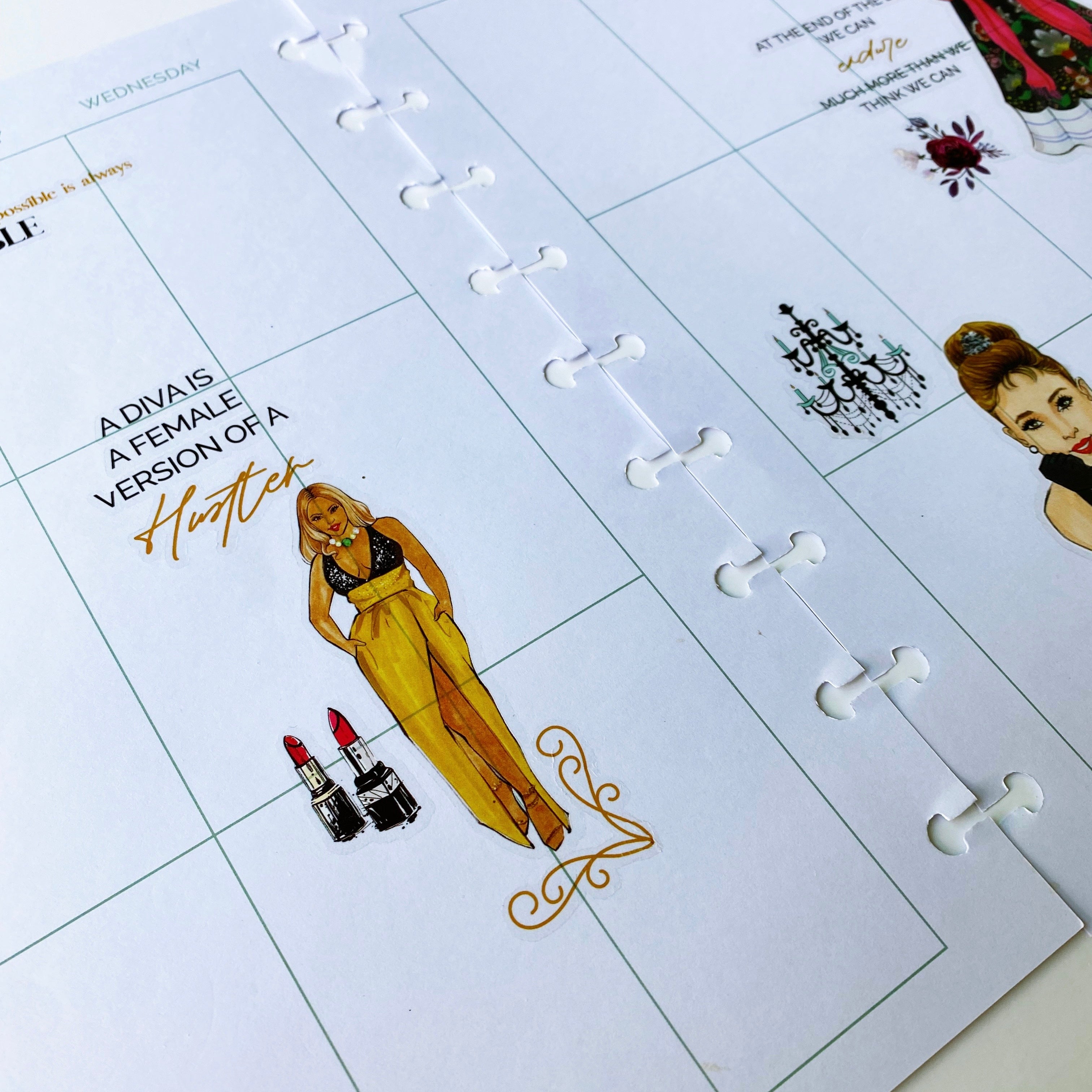 Stickers with elegant designs of influential women, featuring unique hairstyles and accessories for artistic flair.