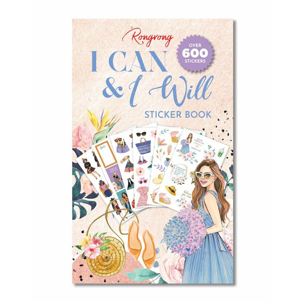 Sticker book cover featuring motivational designs with bold typography and vibrant seasonal colors.