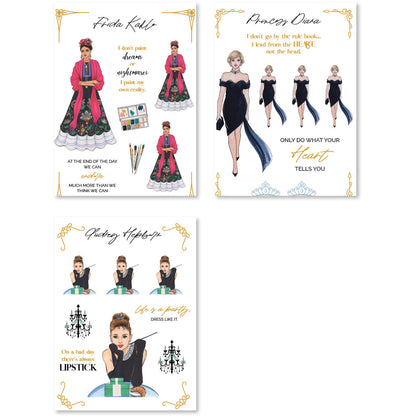 A variety of rub-on stickers depicting iconic women in stylish outfits, perfect for personalizing journals and planners.