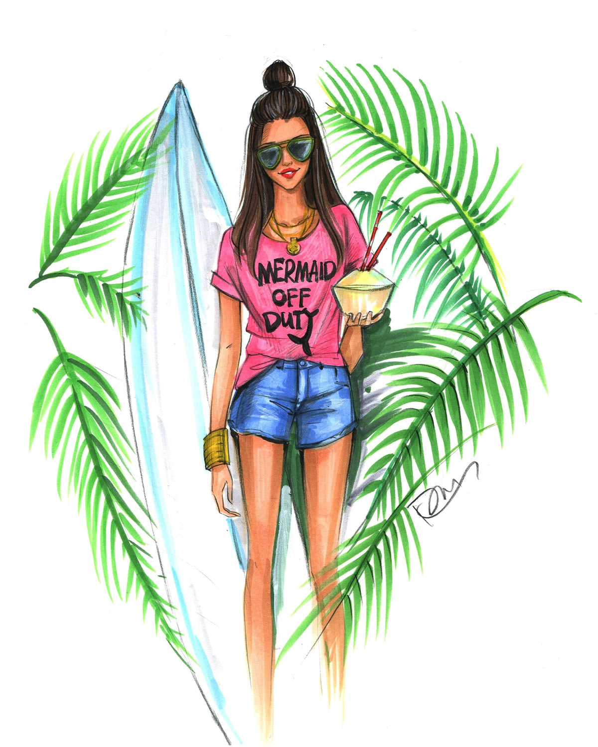 Brunette mermaid off duty with surfboard & coconut drink