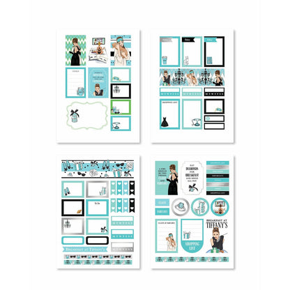 Colorful stickers featuring breakfast elements like coffee cups and croissants, complemented by Tiffany blue tones.