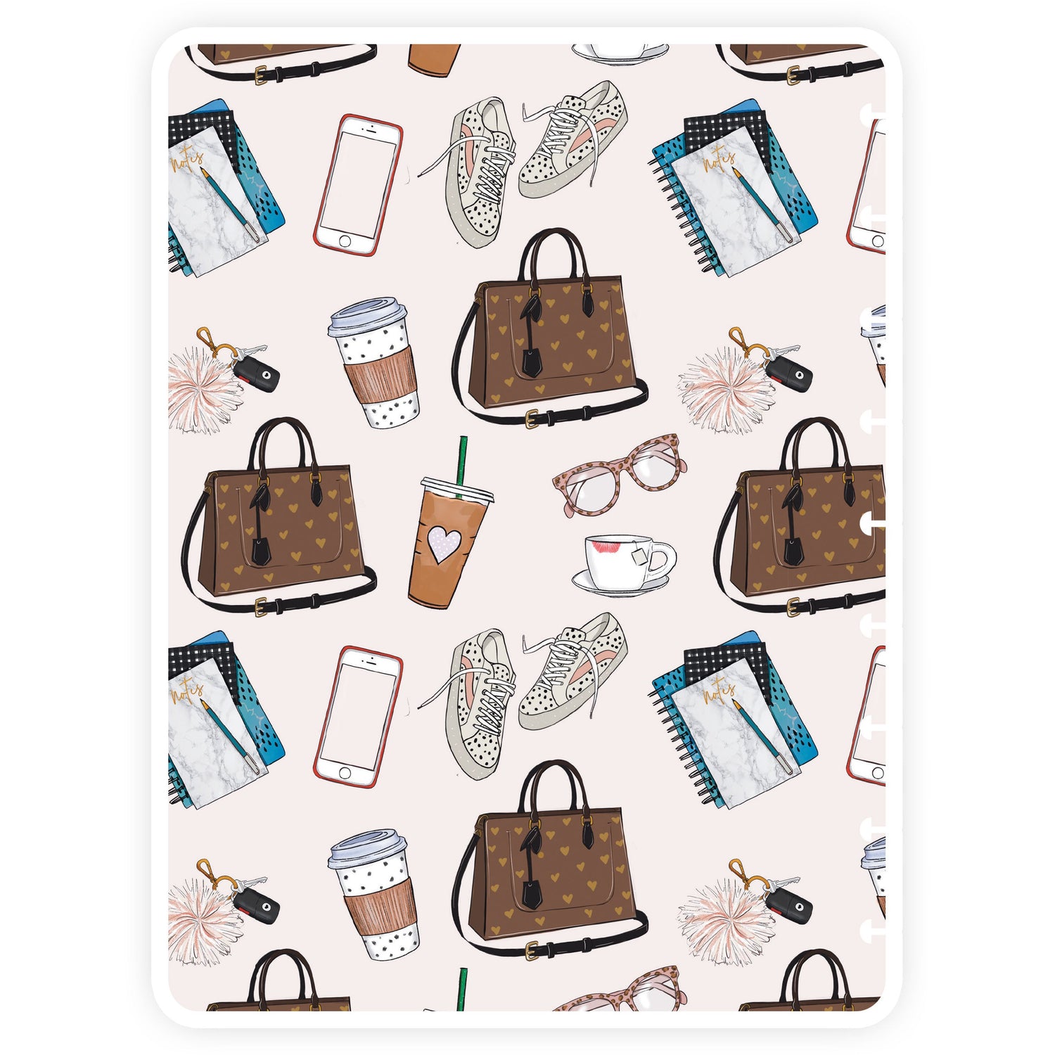 Cover featuring playful illustrations of daily mom life, including coffee cups and snickers, bags.