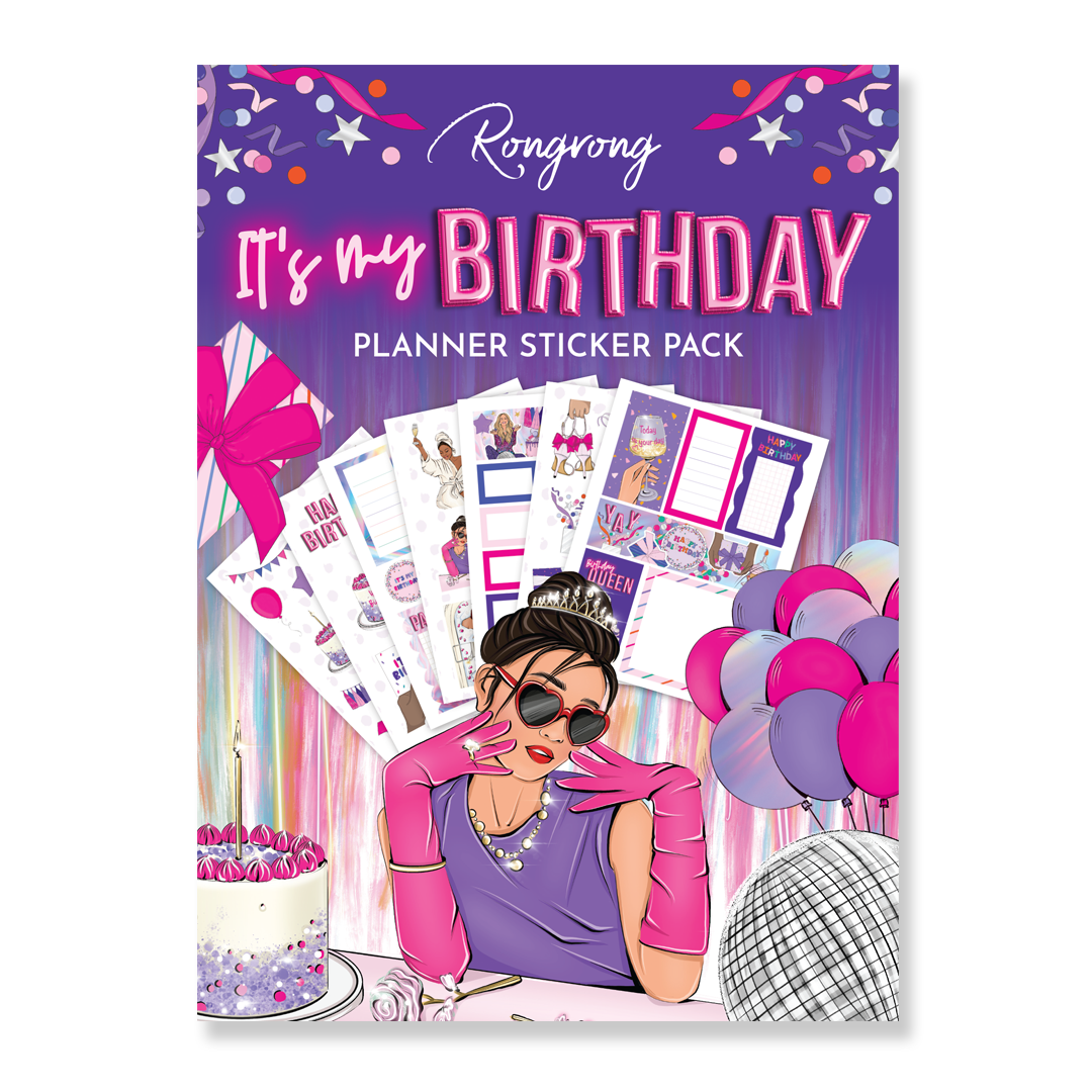 Sticker pack cover featuring vibrant birthday-themed designs, with colorful balloons, cakes, and festive lettering.