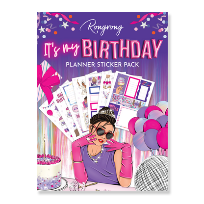 Sticker pack cover featuring vibrant birthday-themed designs, with colorful balloons, cakes, and festive lettering.