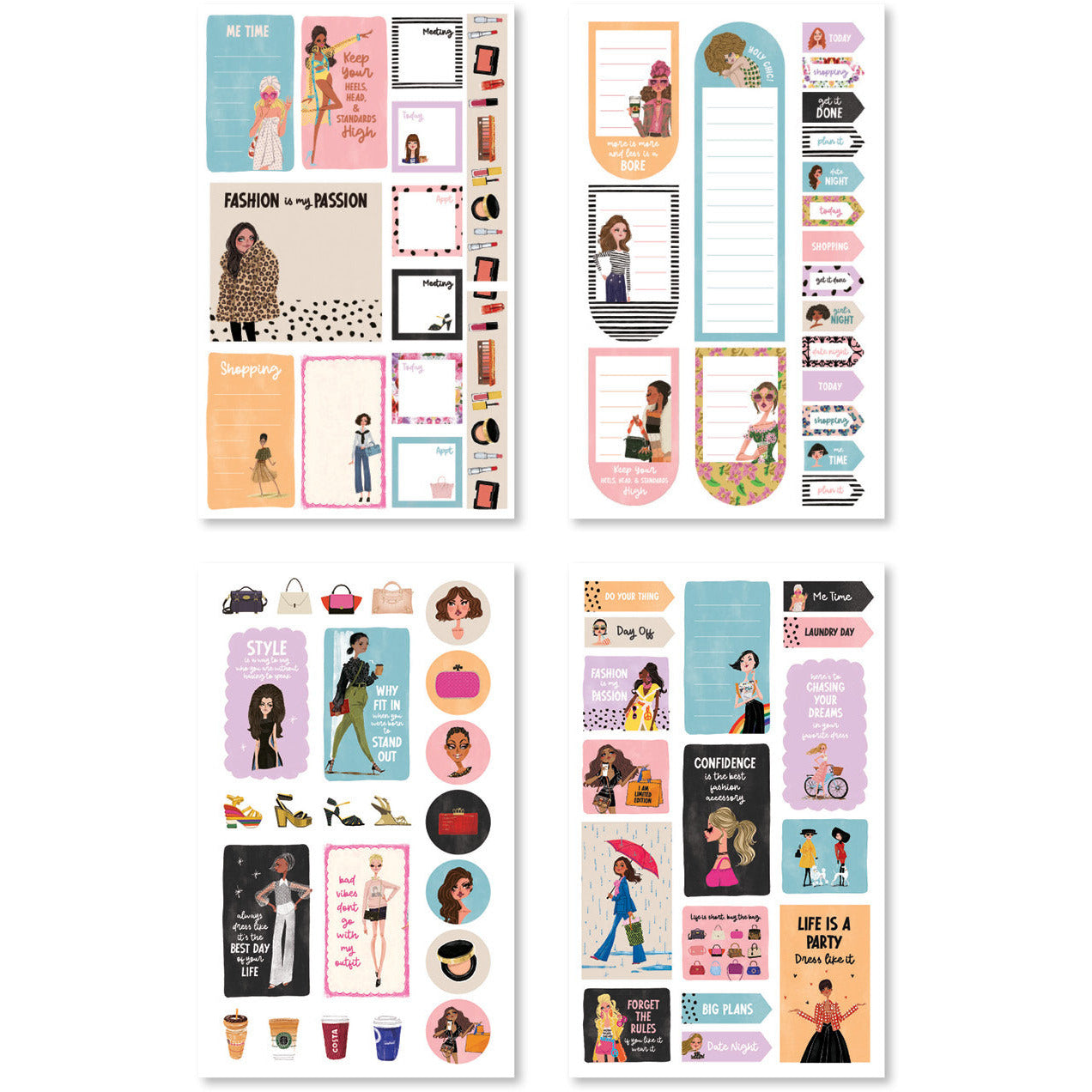 Fashion stickers with chic illustrations of handbags, sunglasses, and bold quotes about style.