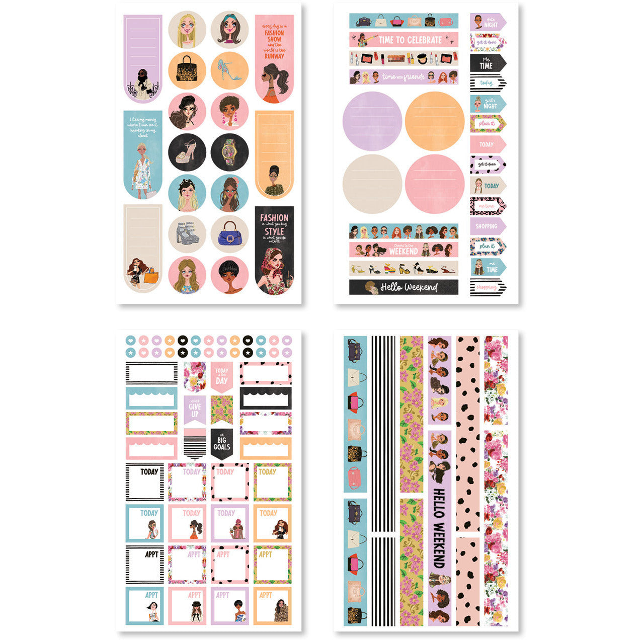 Stickers displaying trendy hairstyles and fashion items, perfect for scrapbook embellishments.