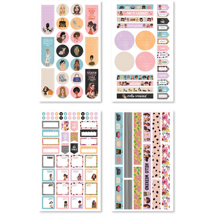 Stickers displaying trendy hairstyles and fashion items, perfect for scrapbook embellishments.