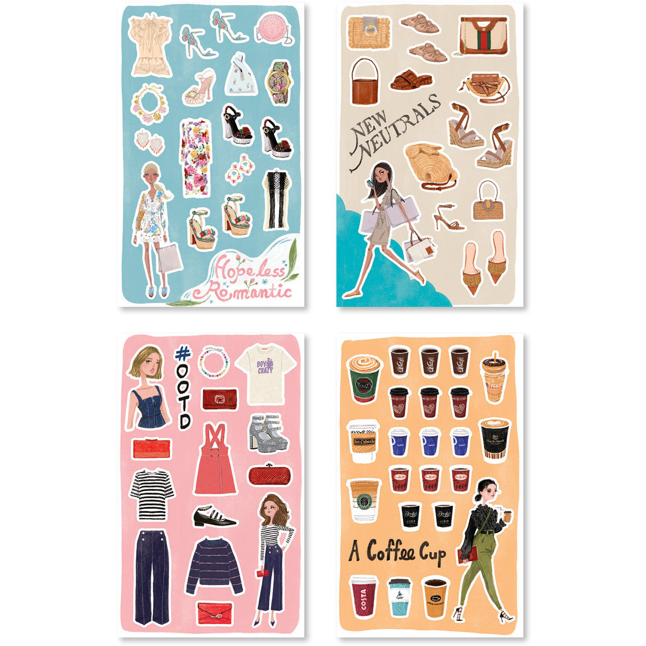 Collection of playful stickers depicting fashion icons and artistic designs in soft pastel tones.