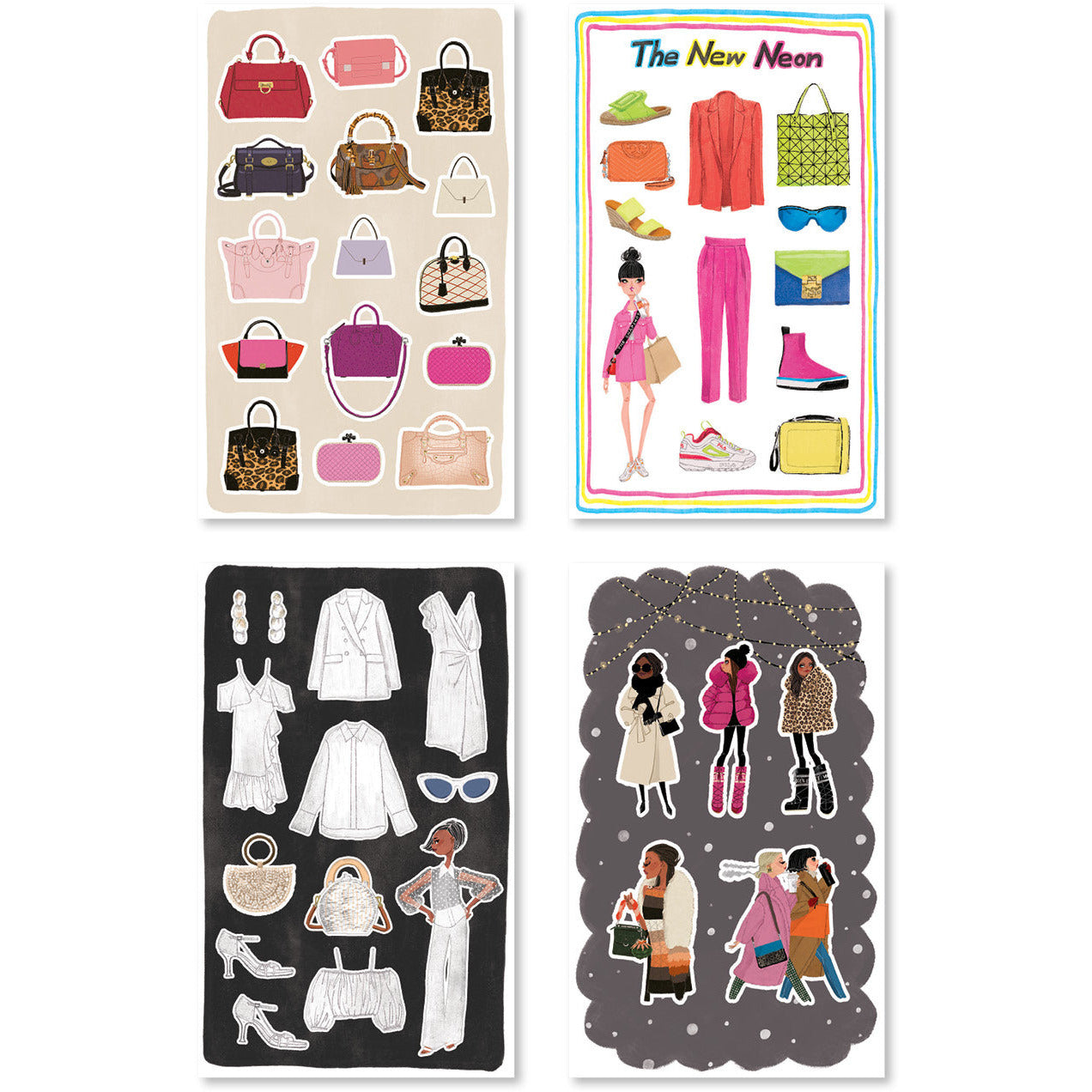 A whimsical array of stickers showcasing iconic fashionistas and elegant artistic designs in delicate pastel hues.