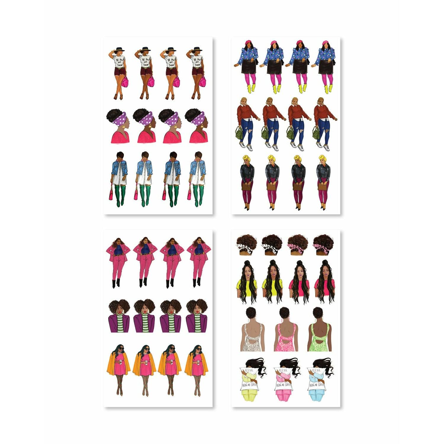 Stickers featuring vibrant illustrations of Black women, showcasing bold colors and empowering designs that inspire.