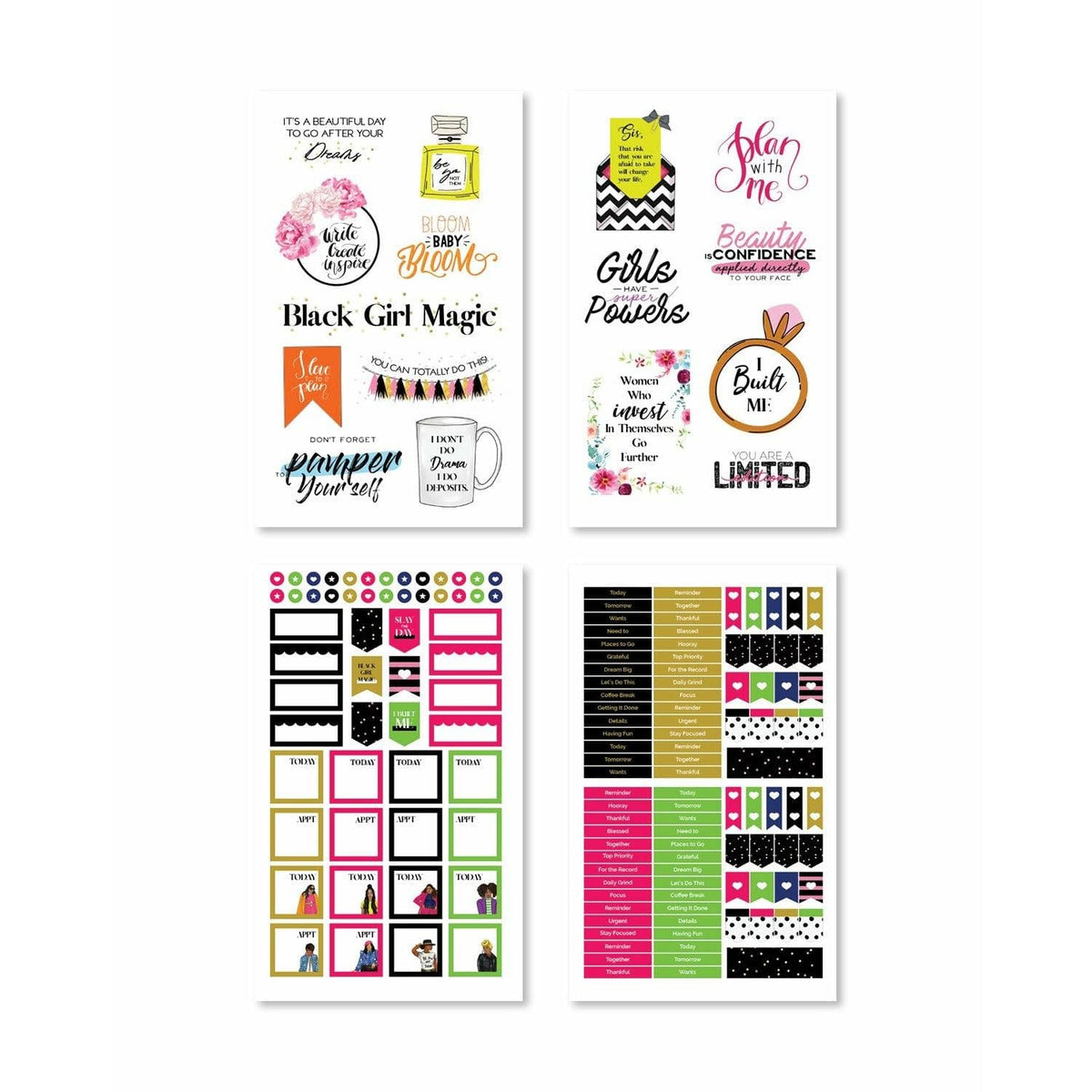 Variety of planner stickers with headers like 'Girls Power' and 'Plan with Me' adorned with fun, culturally inspired graphics.