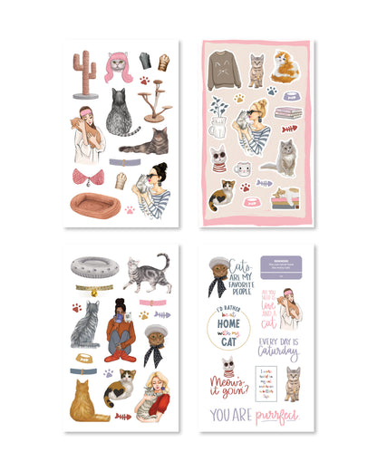 Cat stickers with cheerful designs for various celebrations.