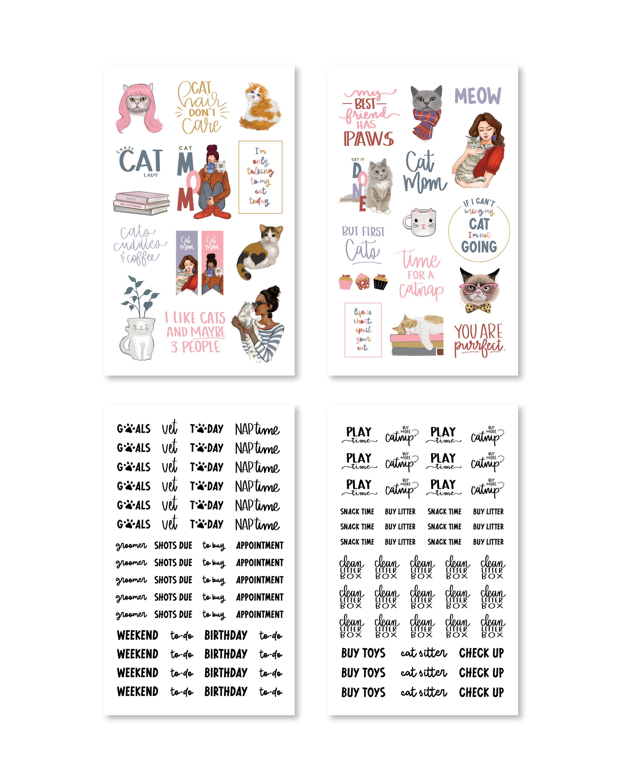 Whimsical holiday stickers featuring cats with seasonal decorations.