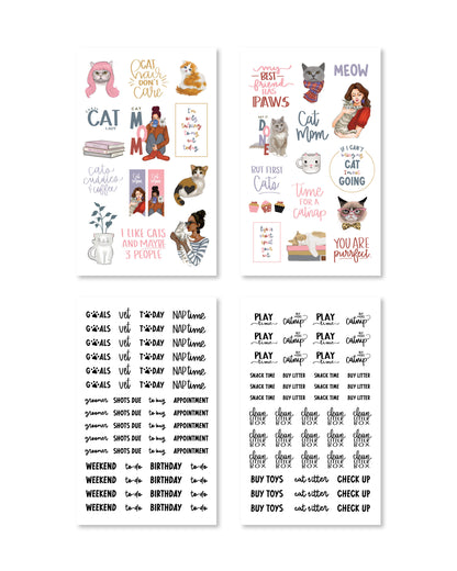 Whimsical holiday stickers featuring cats with seasonal decorations.