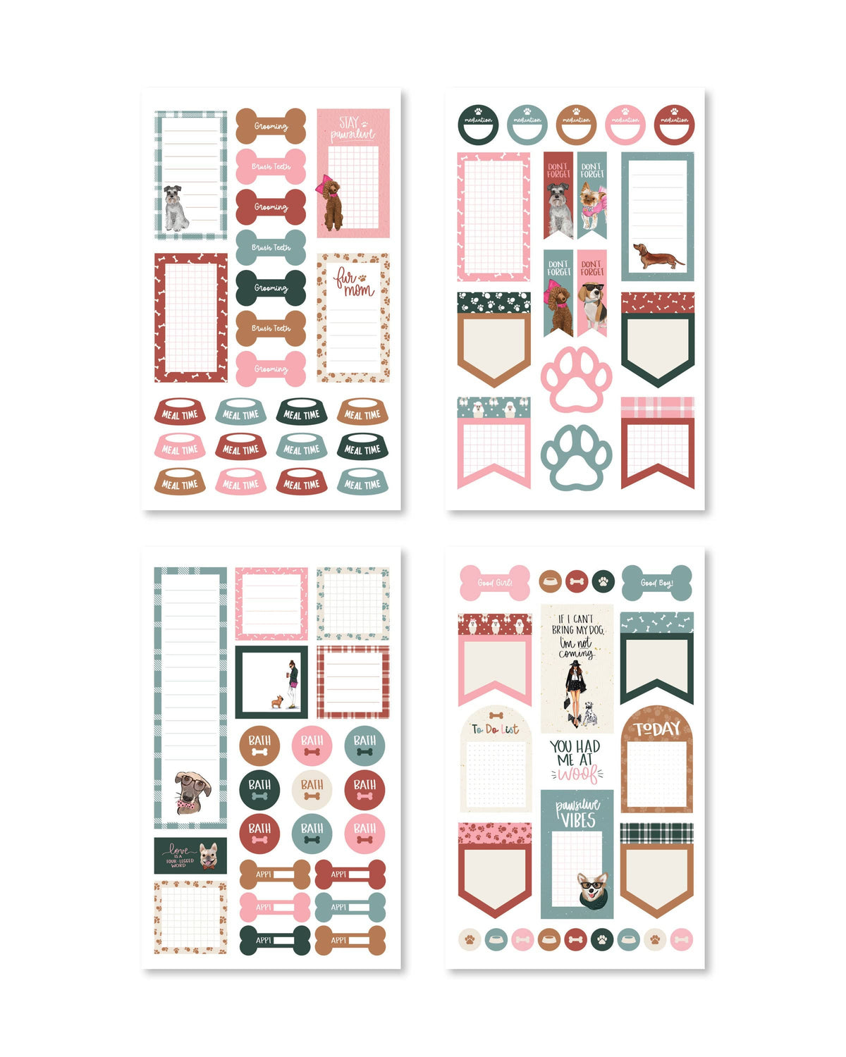 A variety of functional stickers featuring paw prints, dog bones, and playful phrases in bright, cheerful colors.