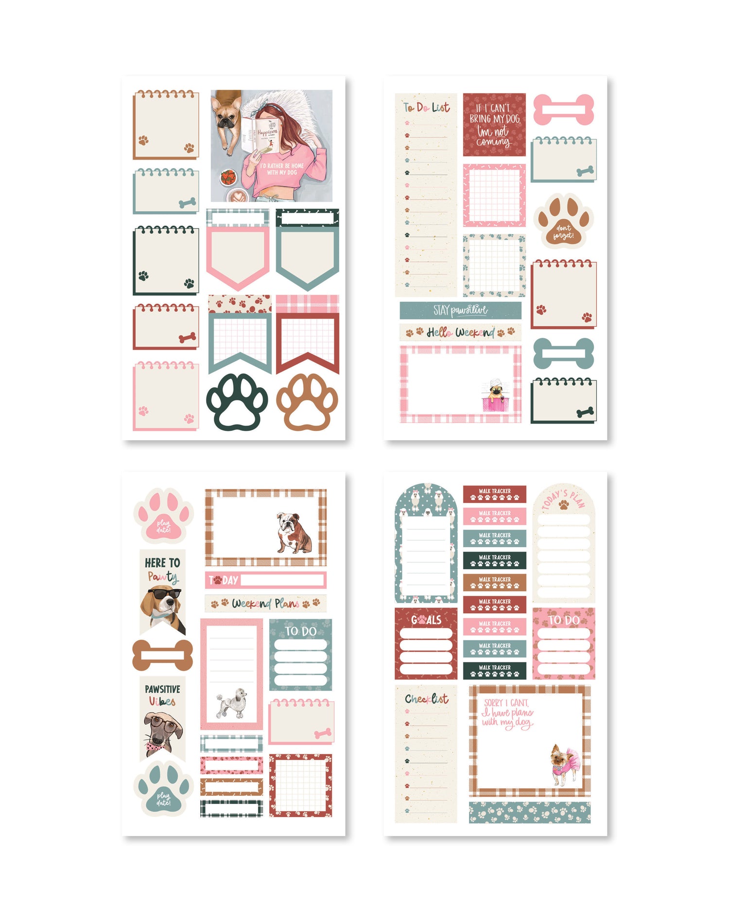 A delightful mix of functional stickers with paw prints, dog bones, and witty phrases in vibrant, happy colors.