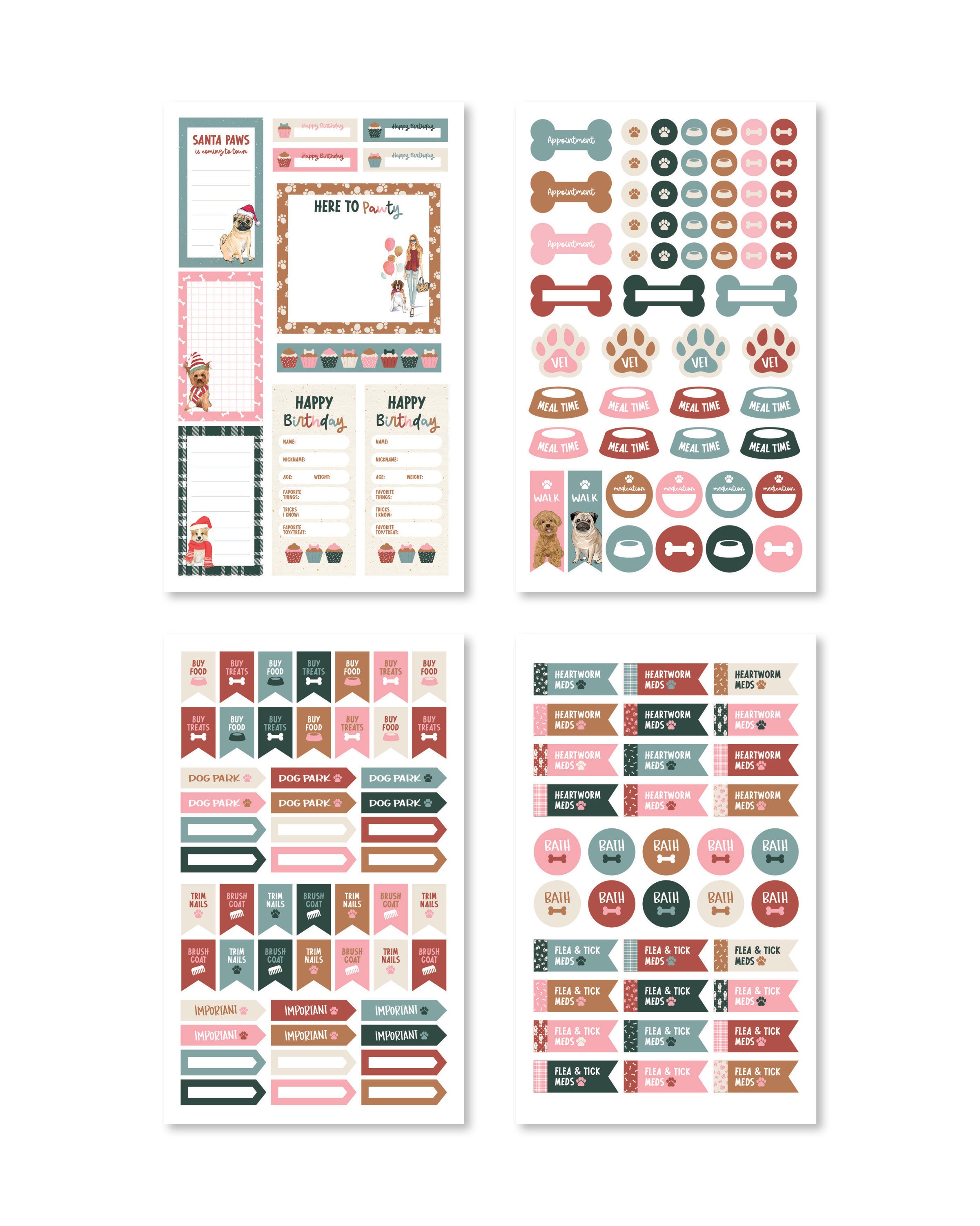 Adorable stickers showcasing playful paw prints and silly dog bones, brightening your planner with cheerful phrases.