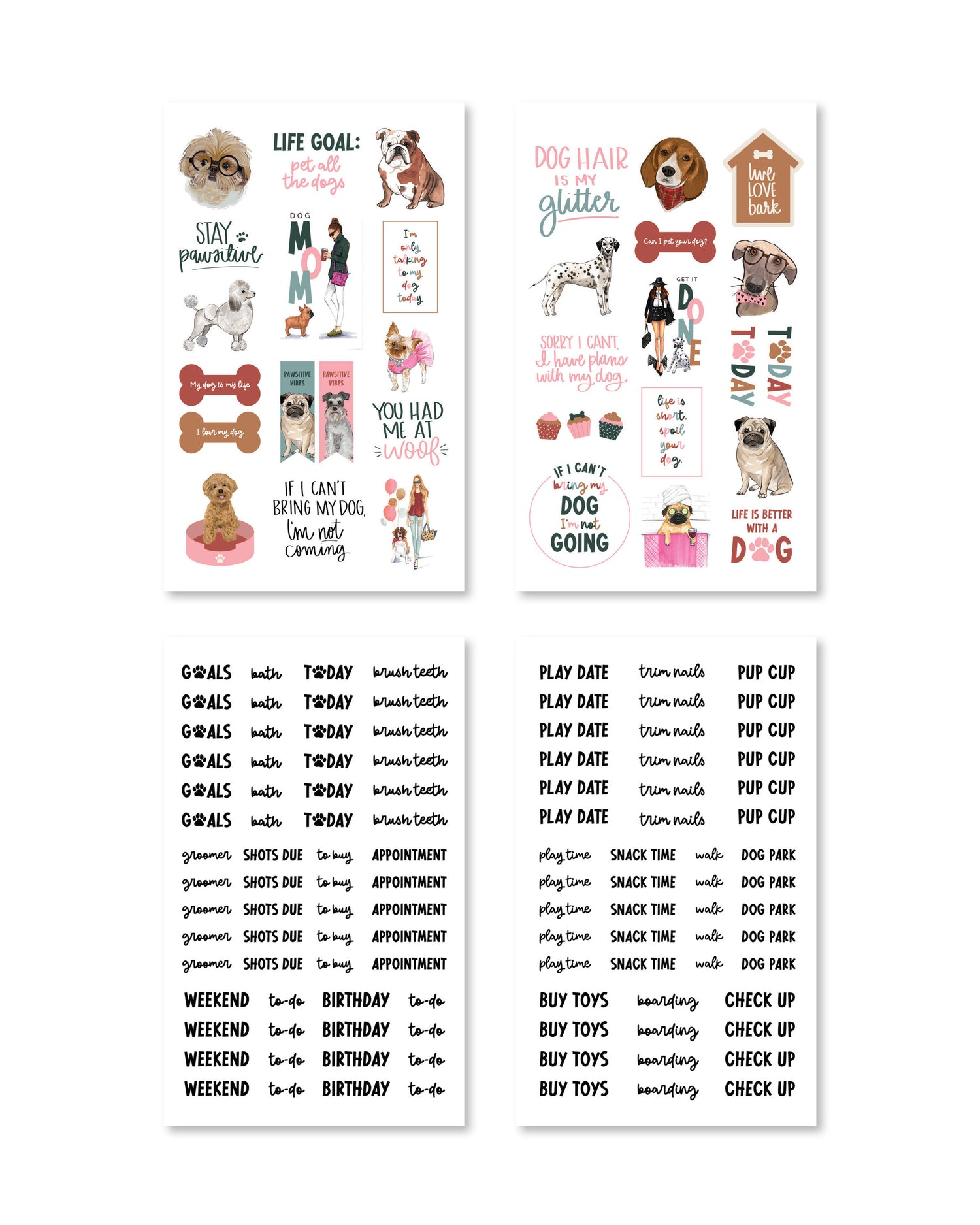 A fun assortment of stickers featuring paws, bones, perfect for adding a smile to your planner.