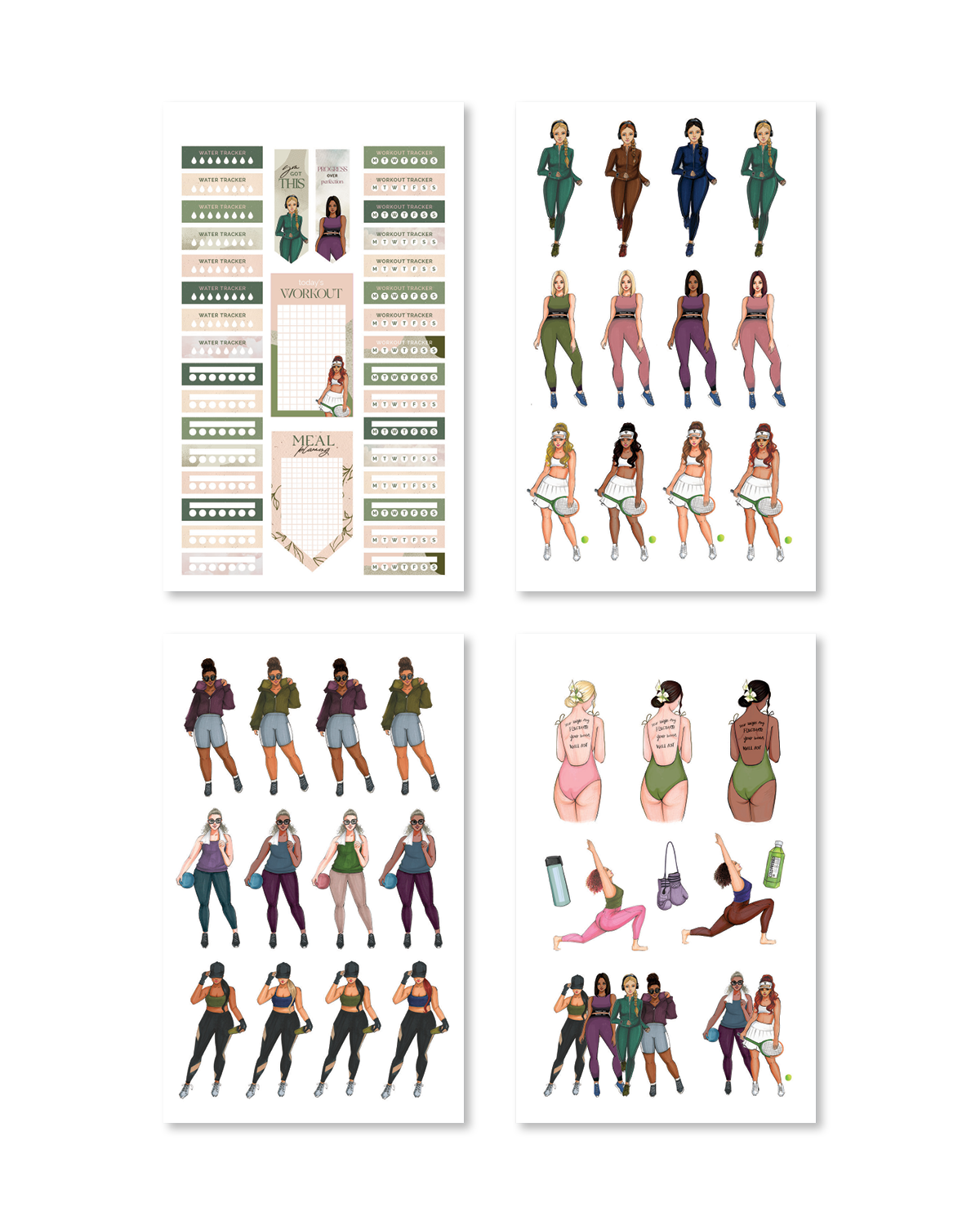 Chic sticker book adorned with vibrant fitness illustrations in striking colors, featuring various activities and fitness outfits.