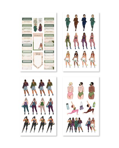 Chic sticker book adorned with vibrant fitness illustrations in striking colors, featuring various activities and fitness outfits.