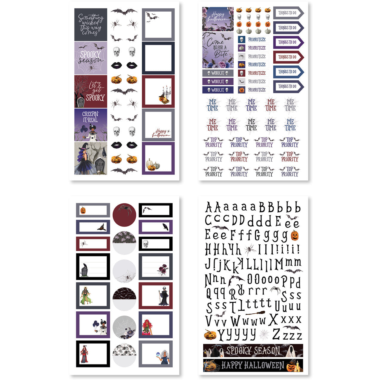 Variety of planner stickers with themed headers like &