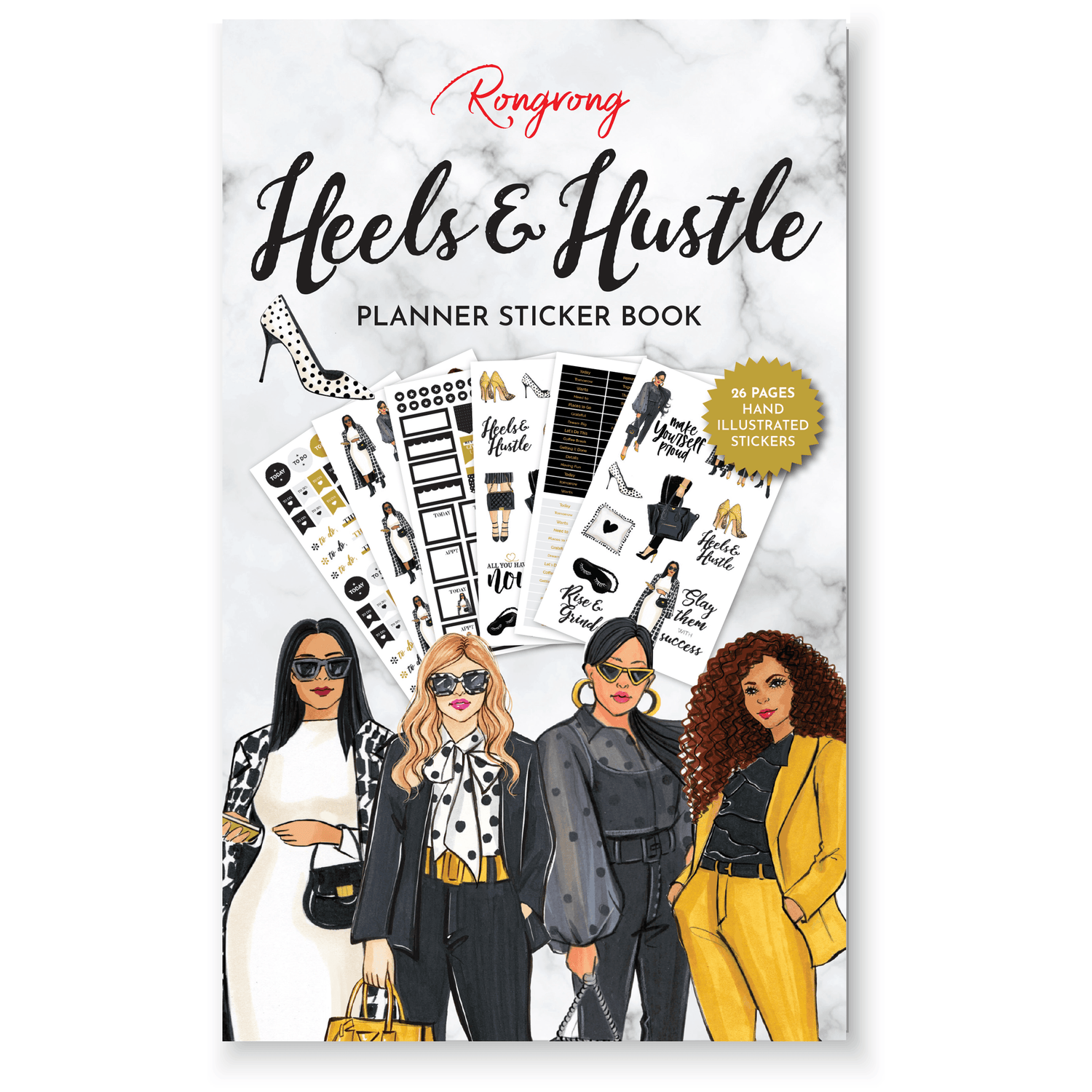 Sticker book cover featuring chic illustrations of high heels and motivational phrases in bold pink and gold colors.