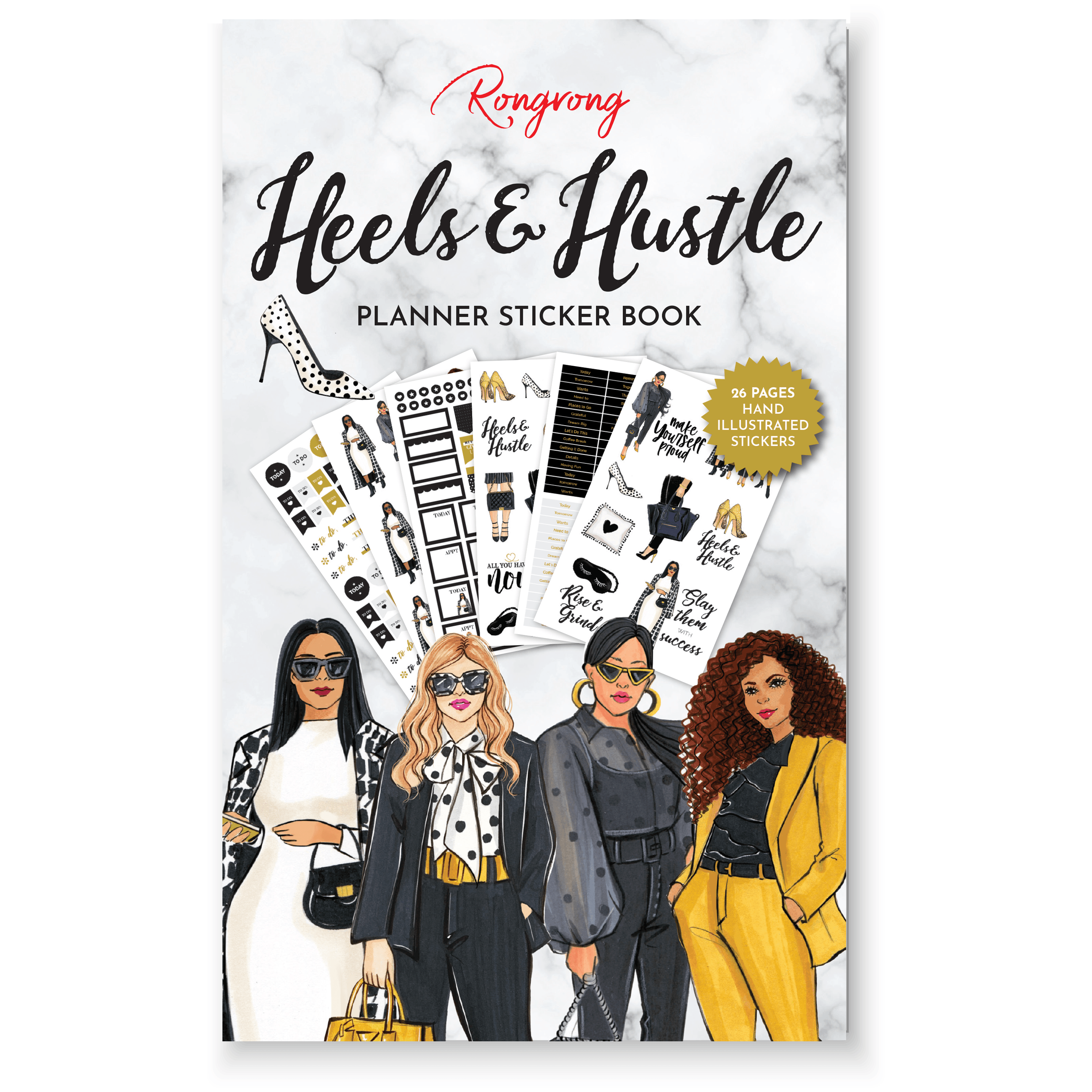 Sticker book cover featuring chic illustrations of high heels and motivational phrases in bold pink and gold colors.