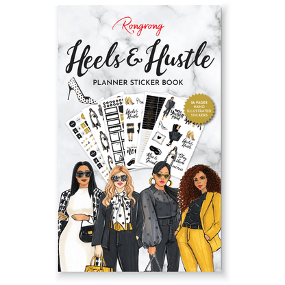 Sticker book cover featuring chic illustrations of high heels and motivational phrases in bold pink and gold colors.