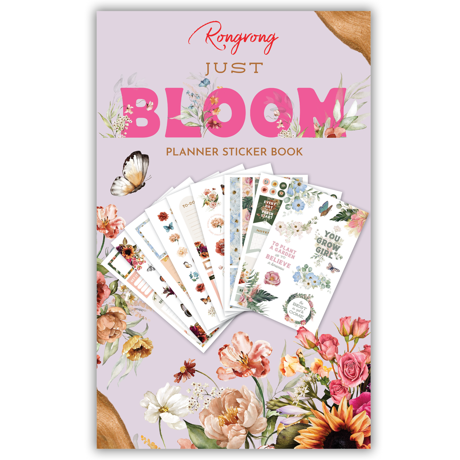Sticker book cover featuring beautiful floral designs in soft pastels, with elegant lettering and botanical elements.