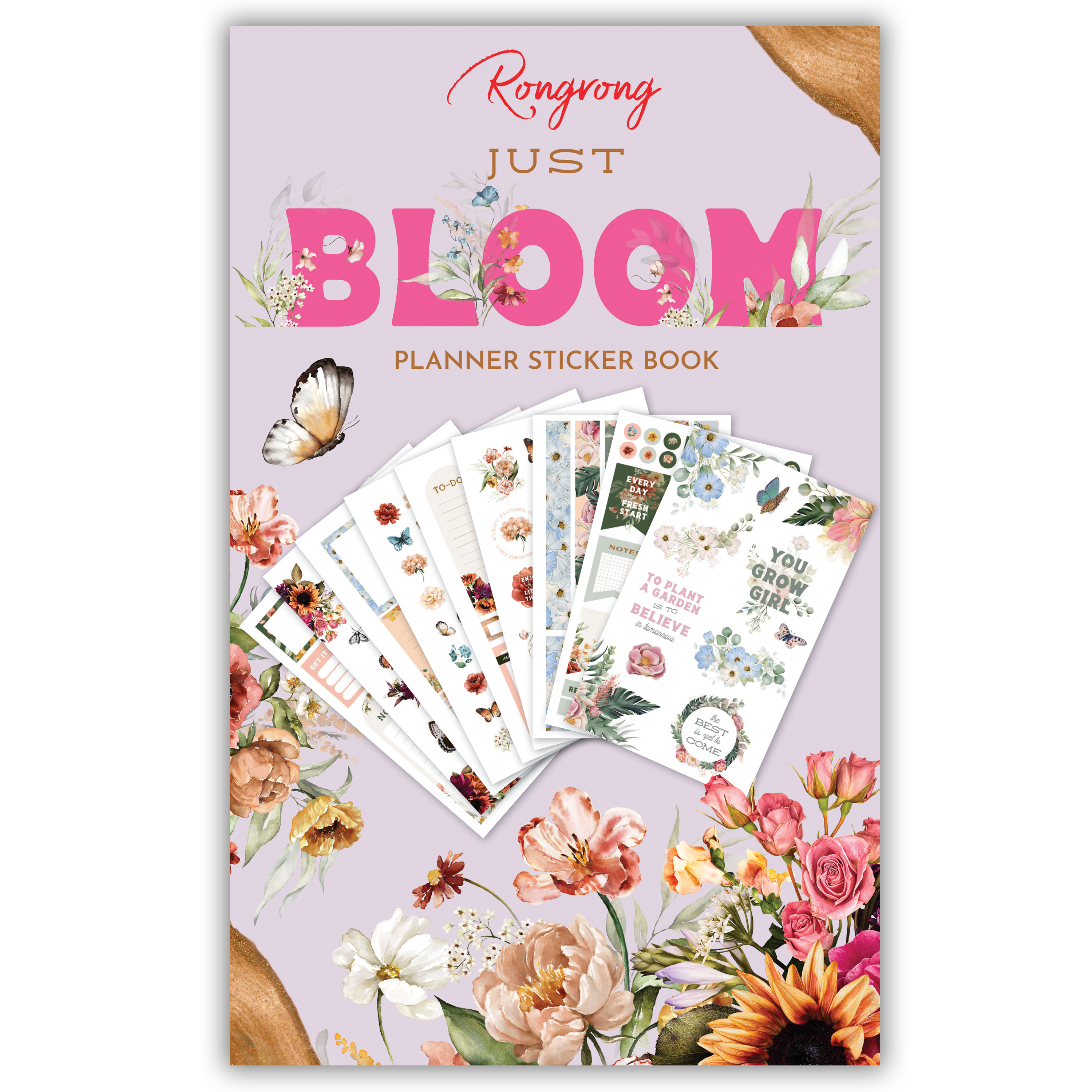 Sticker book cover featuring beautiful floral designs in soft pastels, with elegant lettering and botanical elements.
