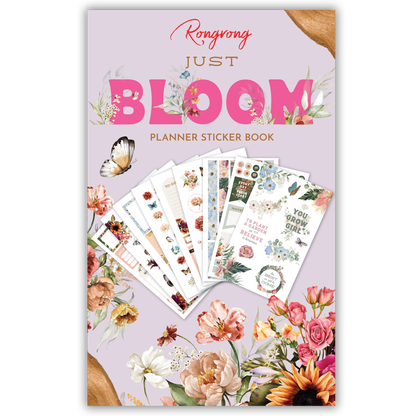 Sticker book cover featuring beautiful floral designs in soft pastels, with elegant lettering and botanical elements.