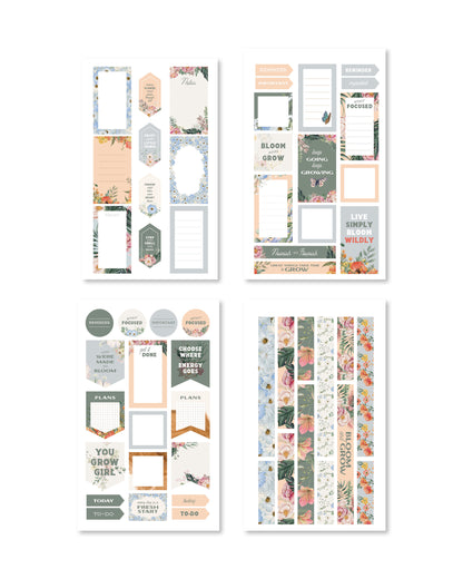 Charming stickers illustrating cozy colors and motivational phrases, ideal for enhancing planners with a botanical theme.