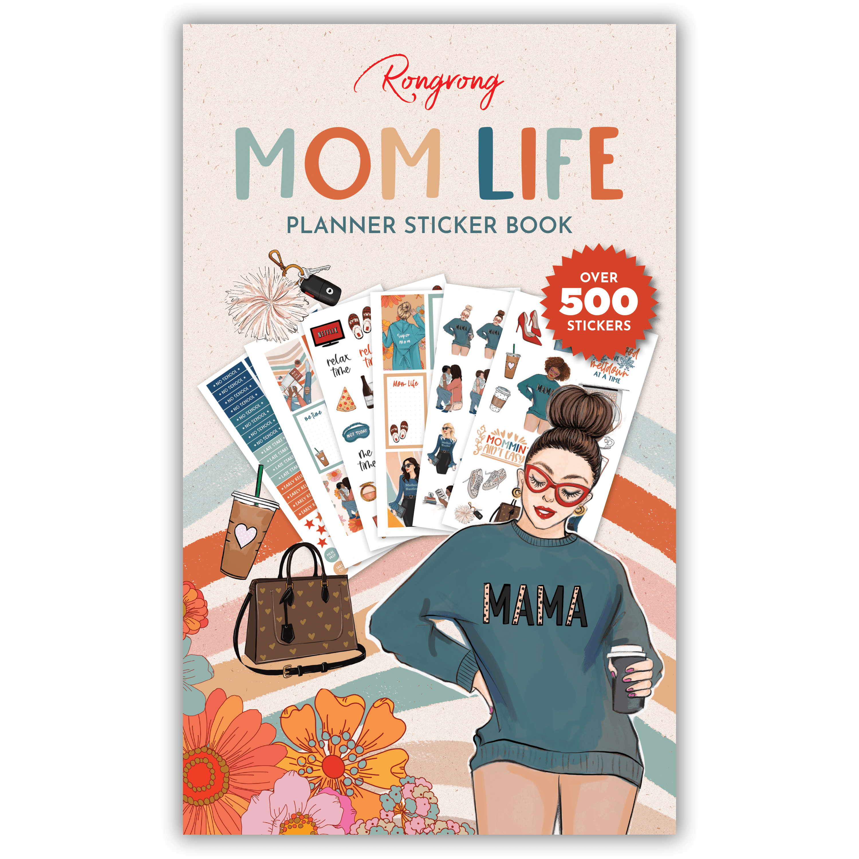 Sticker book cover featuring playful illustrations of motherhood themes, with vibrant colors and heartfelt quotes.